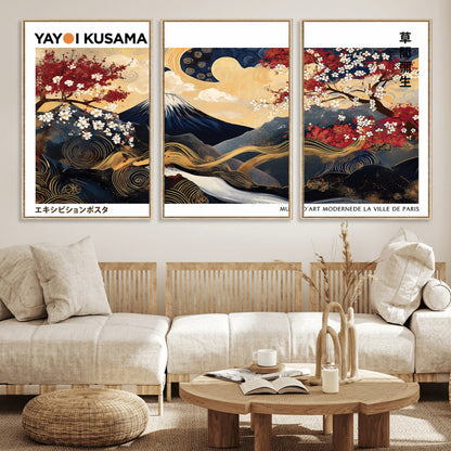 66243961-MGV-FC-60X30-3P_Natural-Mount Fuji Japanese Wall Art – Golden Abstract Landscape Canvas Print, Cherry Blossom Painting, Modern Oriental Zen Home Decor