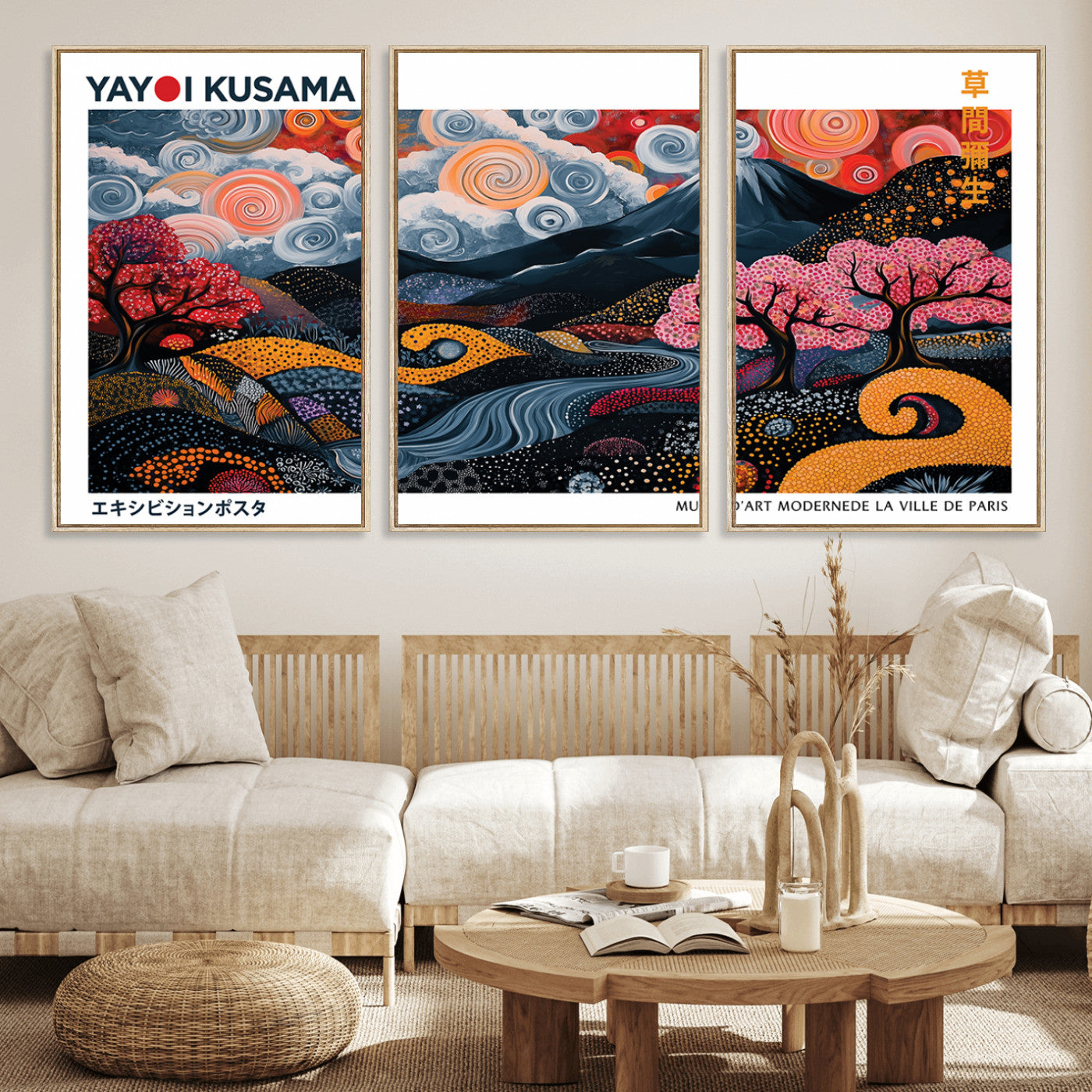 43879290-MGV-FC-60X30-3P_Natural-Japanese Abstract Wall Art – Mount Fuji Cherry Blossom Canvas Print, Modern Asian Inspired Landscape Decor for Living Room,