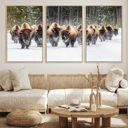 22695857-MGV-CV-36X24-Bison Herd Scene Wall Art Canvas Print, Framed Western Wildlife Art Picture Print, Rustic Animal Art Perfect Rustic Lodge Decor