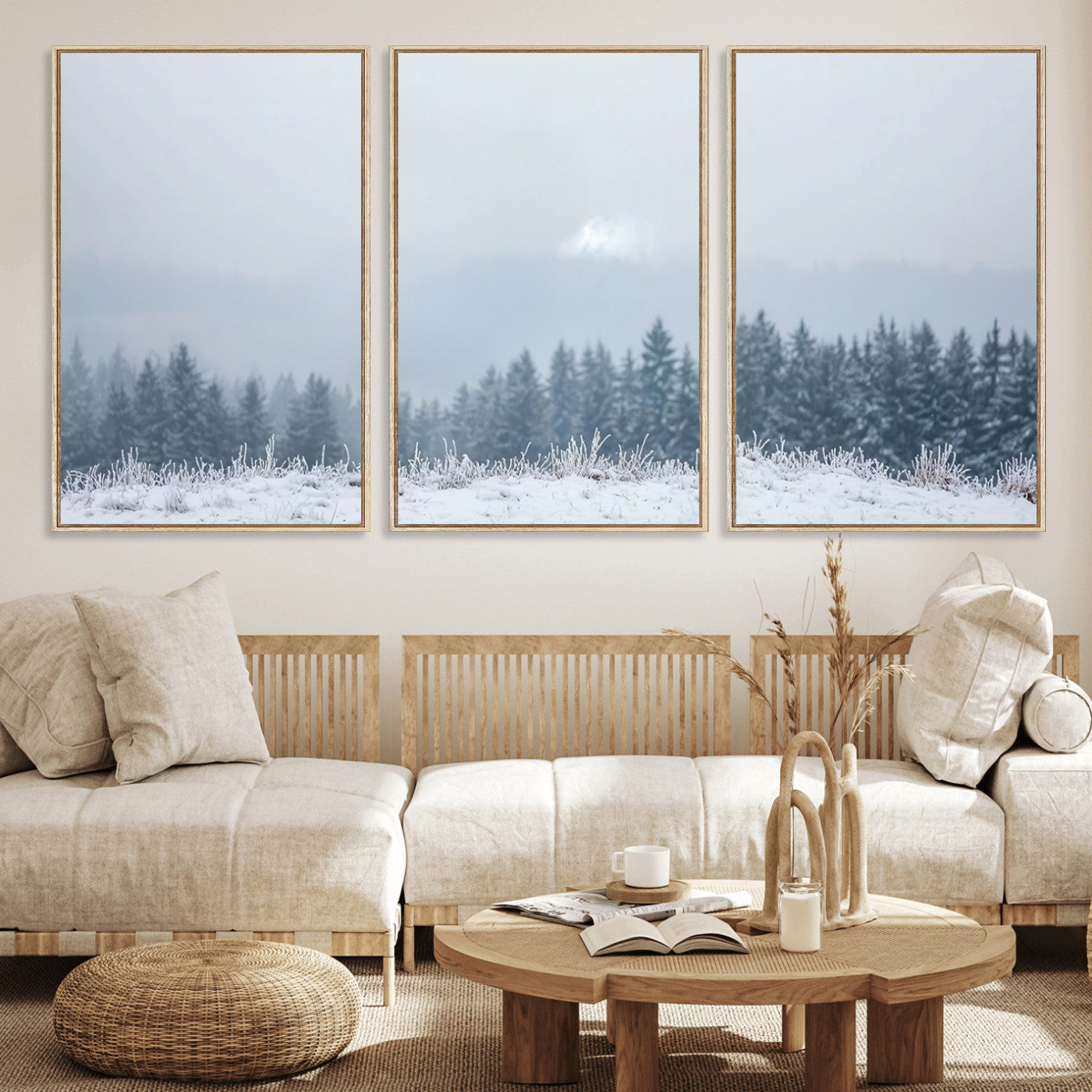 33033082-MGV-FC-60X30-3P_Natural-Winter Forest Art Wall Art Canvas Print, Framed Snowy Landscape Art Picture Print, Misty Tree Scene Perfect Nordic Minimalist