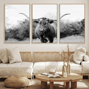 97280319-MGV-FC-60X30-3P_Natural-Longhorn Photography Wall Art Canvas Print, Framed Western Cow Decor Art Picture Print, Texas Ranch Style Perfect Rustic Farmhouse