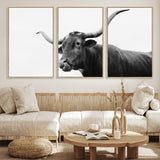 99244177-MGV-FC-60X30-3P_Natural-Longhorn Photography Wall Art Canvas Print, Framed Western Cow Decor Art Picture Print, Black White Bull Perfect Modern Rustic