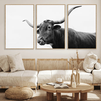 99244177-MGV-FC-60X30-3P_Natural-Longhorn Photography Wall Art Canvas Print, Framed Western Cow Decor Art Picture Print, Black White Bull Perfect Modern Rustic