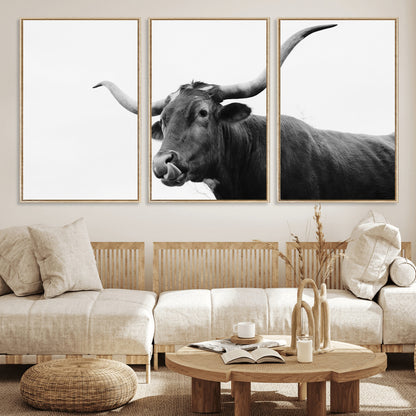 99244177-MGV-FC-60X30-3P_Natural-Longhorn Photography Wall Art Canvas Print, Framed Western Cow Decor Art Picture Print, Black White Bull Perfect Modern Rustic