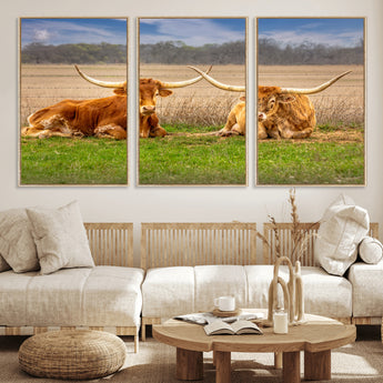 97244565-MGV-FC-60X30-3P_Natural-Longhorn Duo Wall Art Canvas Print, Framed Cozy Ranch Vibes Art Picture Print, Western Ranch Decor Perfect Rustic Farmhouse Decor
