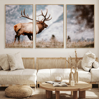 70489411-MGV-FC-60X30-3P_Natural-Elk Photography Wall Art Canvas Print, Framed Mountain Wildlife Art Picture Print, Rustic Nature Decor Perfect Rustic Lodge Decor