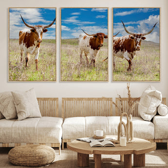 58099948-MGV-FC-60X30-3P_Natural-Texas Longhorn Wall Art Canvas Print, Framed Western Decor Art Picture Print, Rustic Farmhouse Perfect Western Farmhouse Decor