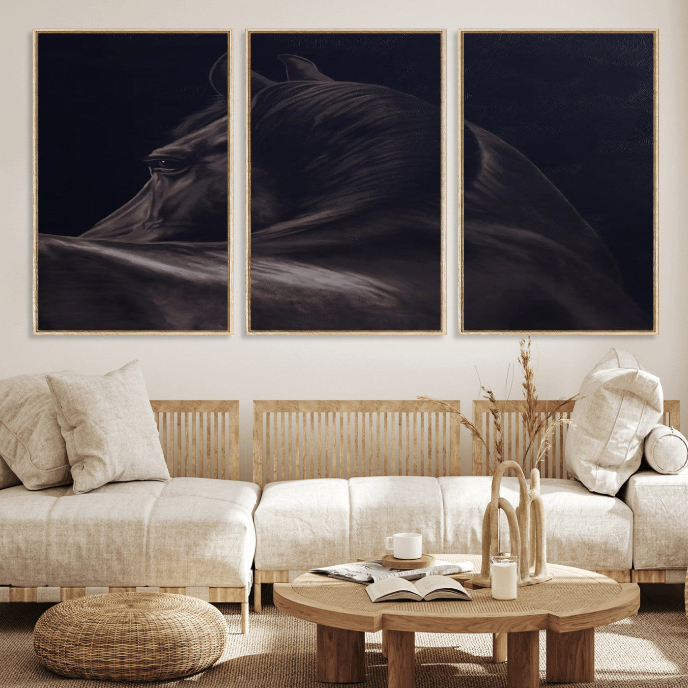 67026880-MGV-CV-36X24-Black Horse Portrait Wall Art Canvas Print, Framed Moody Horse Decor Art Picture Print, Equestrian Wall Style Perfect Masculine