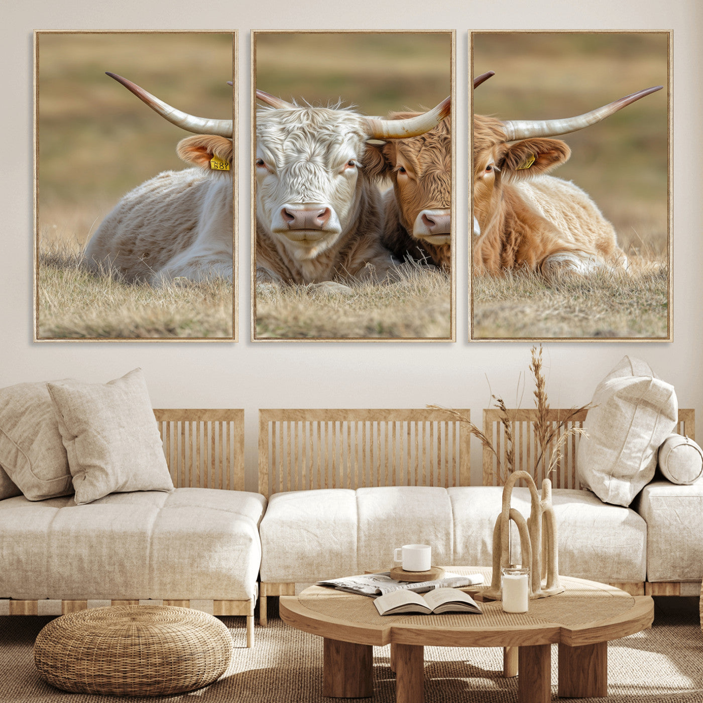53388593-MGV-CV-36X24-Cow Photography Wall Art Canvas Print, Framed Rustic Animal Decor Art Picture Print, Texas Cow Pair Perfect Western Farmhouse