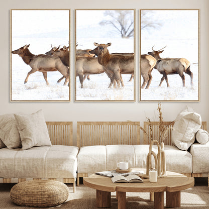 68738684-MGV-CV-36X24-Winter Elk Scene Wall Art Canvas Print, Framed Wildlife Photography Art Picture Print, Snowy Deer Decor Perfect Rustic Lodge Decor