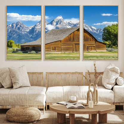 75948467-MGV-CV-36X24-Mountain Barn Scene Wall Art Canvas Print, Framed Rustic Farmhouse Style Art Picture Print, Country Cabin Decor Perfect Rustic