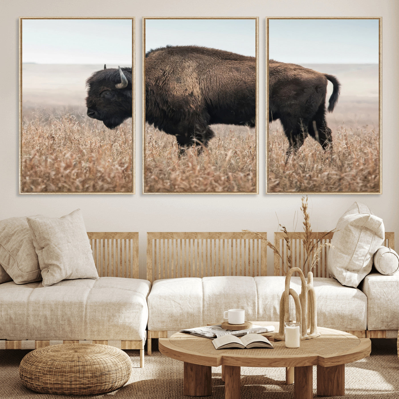34451925-MGV-FC-60X30-3P_Natural-Rustic Bison Decor Wall Art Canvas Print, Framed Buffalo Home Accent Art Picture Print, Prairie Wildlife Scene Perfect Western