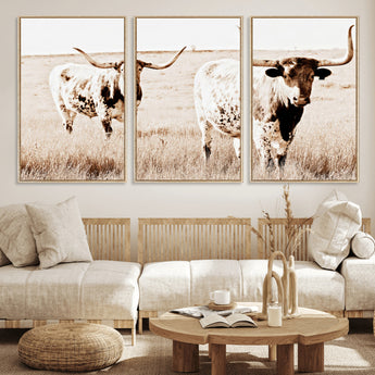 39672786-MGV-FC-60X30-3P_Natural-Rustic Cow Scene Wall Art Canvas Print, Framed Farmhouse Style Cattle Art Picture Print, Prairie Animal Duo Perfect Rustic Western