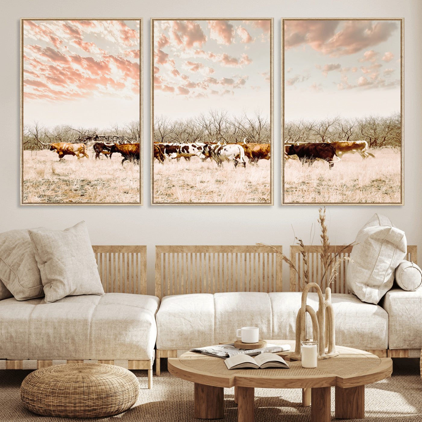 43704663-MGV-CV-36X24-Country Cow Herd Wall Art Canvas Print, Framed Farmhouse Cattle Scene Art Picture Print, Rustic Ranch Decor Perfect Rustic