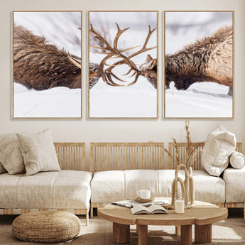 36507609-MGV-CV-36X24-Elk Clash Scene Wall Art Canvas Print, Framed Wildlife Strength Decor Art Picture Print, Snowy Forest Elk Perfect Rustic Lodge