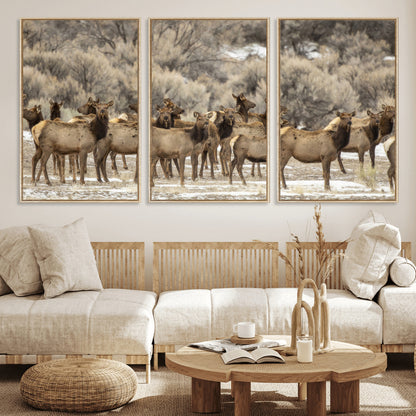 90269422-MGV-CV-36X24-Elk Herd Scene Wall Art Canvas Print, Framed Rustic Wildlife Decor Art Picture Print, Western Cabin Style Perfect Rustic Lodge