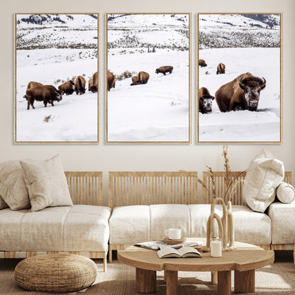 13891210-MGV-FC-60X30-3P_Natural-Bison Herd Scene Wall Art Canvas Print, Framed Western Wildlife Decor Art Picture Print, Snowy Mountain Valley Perfect Rustic