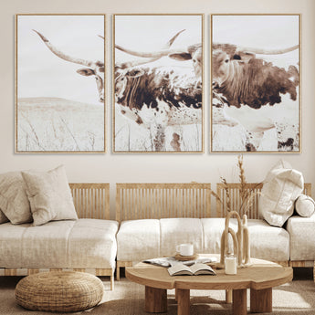 48161868-MGV-CV-36X24-Longhorn Cow Decor Wall Art Canvas Print, Framed Rustic Cattle Art Picture Print, Sepia Western Vibe Perfect Neutral Rustic