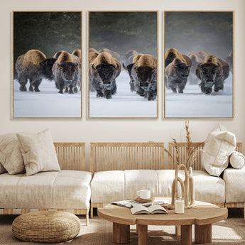 41669135-MGV-CV-36X24-Bison Herd Scene Wall Art Canvas Print, Framed Rustic Wildlife Decor Art Picture Print, Snowy Bison Landscape Perfect Rustic