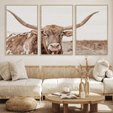 77810049-MGV-CV-36X24-Longhorn Bull Photo Wall Art Canvas Print, Framed Rustic Cow Decor Art Picture Print, Neutral Farmhouse Style Perfect Rustic