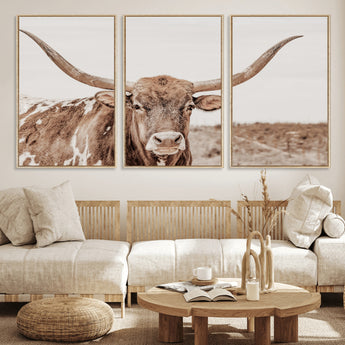 77810049-MGV-FC-60X30-3P_Natural-Longhorn Bull Photo Wall Art Canvas Print, Framed Rustic Cow Decor Art Picture Print, Neutral Farmhouse Style Perfect Rustic