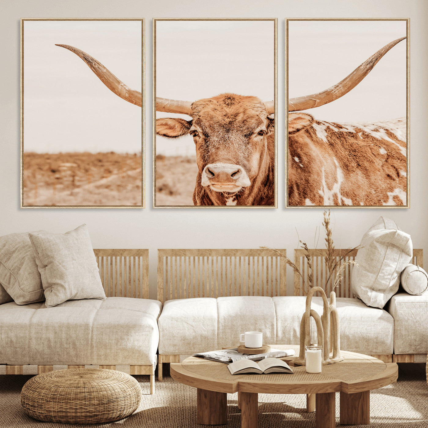74406977-MGV-FC-60X30-3P_Natural-Longhorn Bull Decor Wall Art Canvas Print, Framed Western Cow Theme Art Picture Print, Rustic Farmhouse Wall Perfect Neutral
