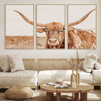 74406977-MGV-FC-60X30-3P_Natural-Longhorn Bull Decor Wall Art Canvas Print, Framed Western Cow Theme Art Picture Print, Rustic Farmhouse Wall Perfect Neutral