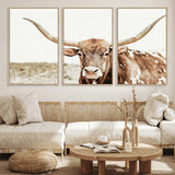 98924580-MGV-FC-60X30-3P_Natural-Texas Longhorn Bull Wall Art Canvas Print, Framed Rustic Farmhouse Decor Art Picture Print, Western Animal Theme Perfect Rustic