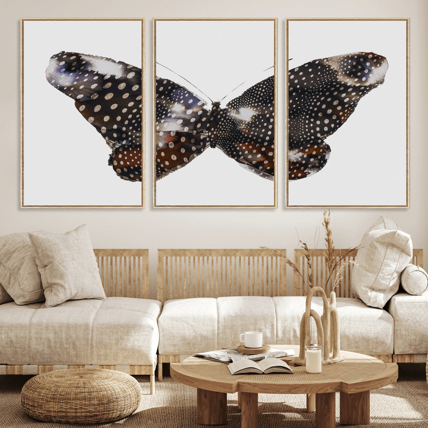 99831147-MGV-CV-36X24-Spotted Butterfly Wall Art Canvas Print, Framed Neutral Insect Theme Art Picture Print, Earthy Wing Pattern Perfect Modern Rustic