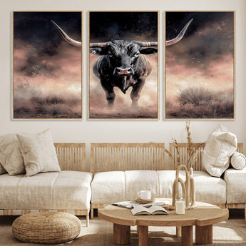 71457818-MGV-FC-60X30-3P_Natural-Longhorn Wall Art Wall Art Canvas Print, Framed Western Bull Canvas Art Picture Print, Rustic Cow Decor Perfect Western Dramatic