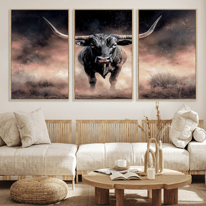 71457818-MGV-FC-60X30-3P_Natural-Longhorn Wall Art Wall Art Canvas Print, Framed Western Bull Canvas Art Picture Print, Rustic Cow Decor Perfect Western Dramatic