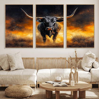 58293979-MGV-FC-60X30-3P_Natural-Longhorn Canvas Wall Art Canvas Print, Framed Bold Bull Wall Art Art Picture Print, Western Animal Decor Perfect Western Dramatic