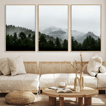 55968349-MGV-CV-36X24-Misty Mountains Wall Art Canvas Print, Framed Foggy Forest Art Picture Print, Snowy Peaks Perfect Moody Wilderness Decor Artwork