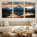 14130176-MGV-FC-60X30-3P_Natural-Mountain Sunset Wall Art Canvas Print, Framed Alpine Wilderness Art Picture Print, Golden Hour Perfect Rustic Wilderness Decor
