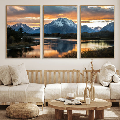 14130176-MGV-FC-60X30-3P_Natural-Mountain Sunset Wall Art Canvas Print, Framed Alpine Wilderness Art Picture Print, Golden Hour Perfect Rustic Wilderness Decor