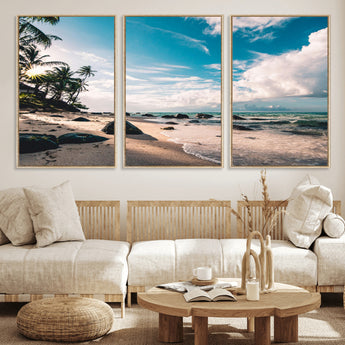 95301406-MGV-FC-60X30-3P_Natural-Tropical Beach Wall Art Canvas Print, Framed Ocean Waves Art Picture Print, Relazxing Seascape Perfect Tropical Coastal Decor
