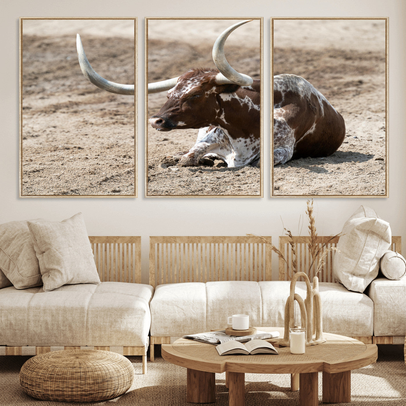 76549210-MGV-CV-36X24-Texas Longhorn Wall Art Canvas Print, Framed Country Living Art Picture Print, Farmhouse Aesthetic Perfect Western Rustic Decor
