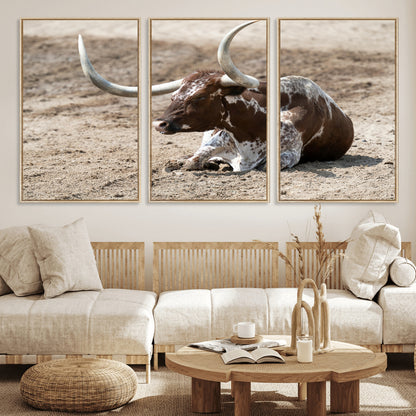 76549210-MGV-FC-60X30-3P_Natural-Texas Longhorn Wall Art Canvas Print, Framed Country Living Art Picture Print, Farmhouse Aesthetic Perfect Western Rustic Decor