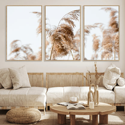 17019393-MGV-FC-60X30-3P_Natural-Pampas Grass Wall Art Canvas Print, Framed Neutral Tones Art Picture Print, Minimalist Nature Perfect Boho Minimalist Decor