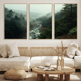 48497565-MGV-FC-60X30-3P_Natural-Misty Forest Wall Art Canvas Print, Framed Foggy River Art Picture Print, Moody Landscape Perfect Moody Wilderness Decor Artwork