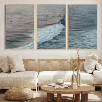 23077324-MGV-FC-60X30-3P_Natural-Ocean Waves Wall Art Canvas Print, Framed Coastal Serenity Art Picture Print, Surf Aesthetic Perfect Modern Coastal Decor Artwork