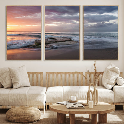 94208089-MGV-FC-60X30-3P_Natural-Golden Hour Wall Art Canvas Print, Framed Tranquil Waves Art Picture Print, Beach Horizon Perfect Coastal Serenity Decor Artwork