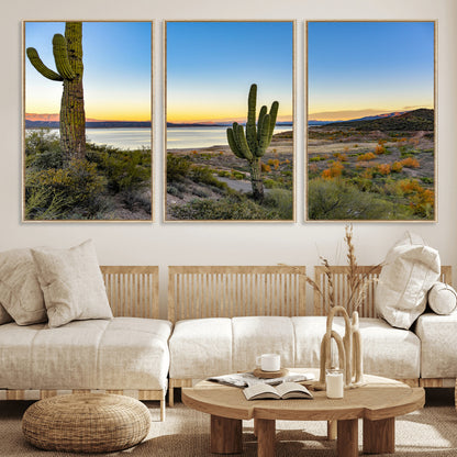 52844711-MGV-FC-60X30-3P_Natural-Saguaro Cactus Wall Art Canvas Print, Framed Desert Sunset Art Picture Print, Southwestern Scene Perfect Southwestern Rustic Decor