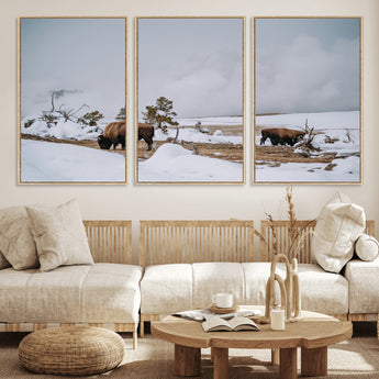 60308289-MGV-FC-60X30-3P_Natural-Bison Wildlife Wall Art Canvas Print, Framed Snowy Prairie Art Picture Print, Western Landscape Perfect Rustic Winter Decor