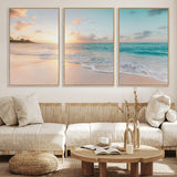 94538225-MGV-FC-60X30-3P_Natural-Beach Sunset Wall Art Canvas Print, Framed Ocean Waves Art Picture Print, Summer Escape Perfect Coastal Serenity Decor Artwork