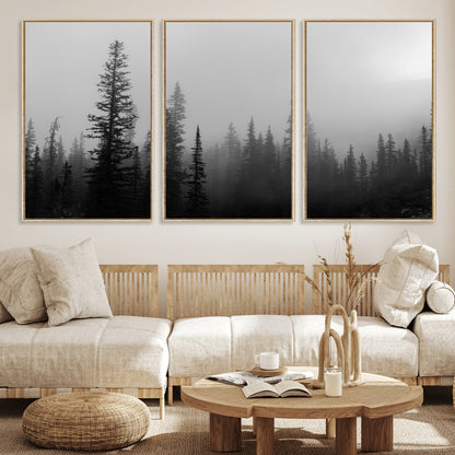 73138900-MGV-FC-60X30-3P_Natural-Misty Pines Wall Art Canvas Print, Framed Woodland Photography Art Picture Print, Minimalist Decor Perfect Modern Rustic Decor