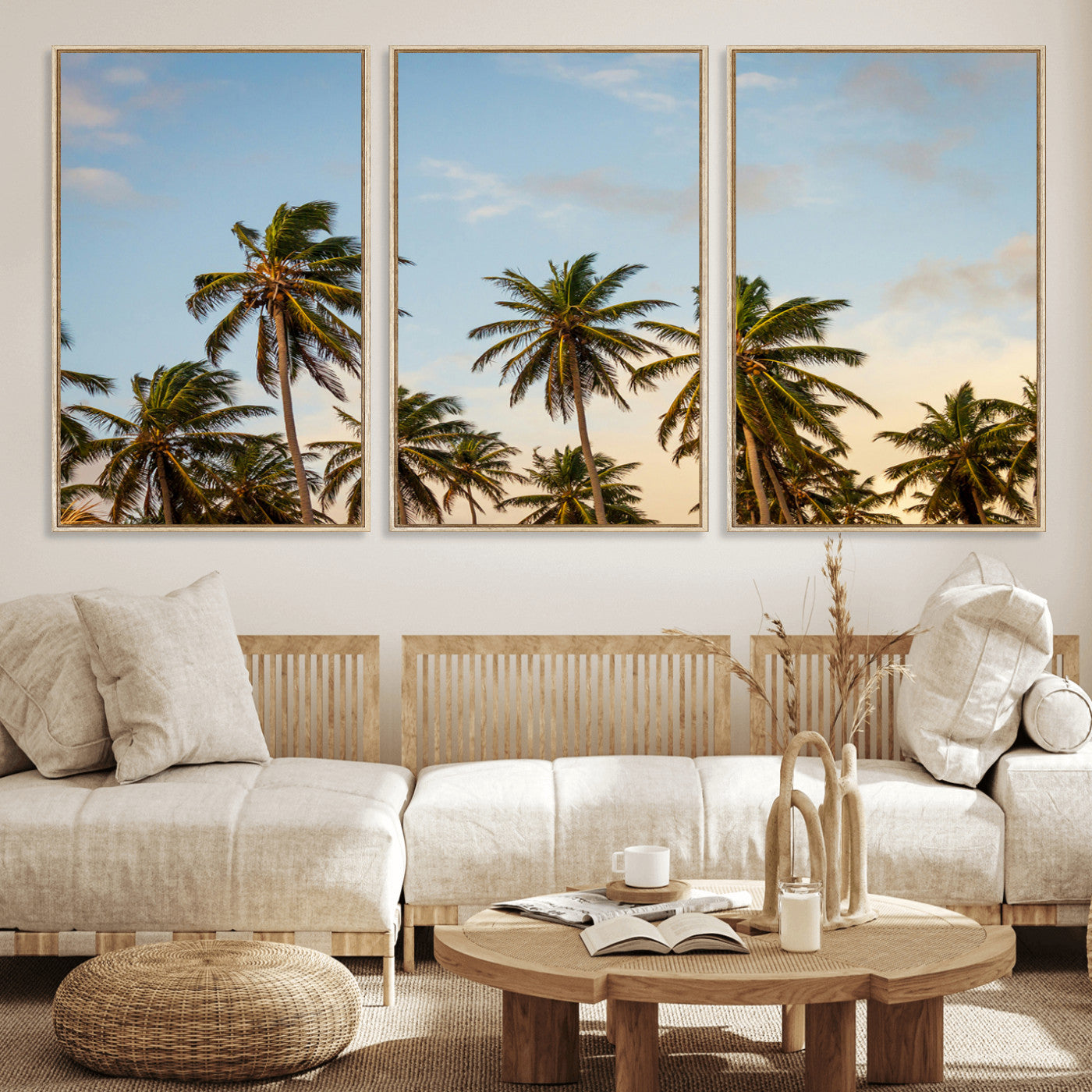99033771-MGV-FC-60X30-3P_Natural-Palm Trees Wall Art Canvas Print, Framed Tropical Vibes Art Picture Print, Coastal Sunset Perfect Coastal Boho Decor Artwork