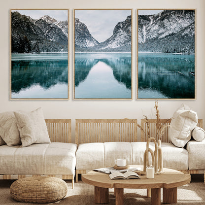 73098373-MGV-FC-60X30-3P_Natural-Mountain Lake Wall Art Canvas Print, Framed Winter Wonderland Art Picture Print, Snowy Peaks Perfect Modern Nature Decor Artwork