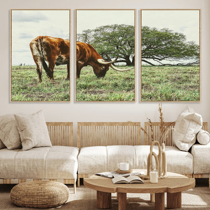 91866234-MGV-FC-60X30-3P_Natural-Texas Longhorn Wall Art Canvas Print, Framed Rustic Ranch Art Picture Print, Western Cattle Perfect Rustic Farmhouse Decor Artwork