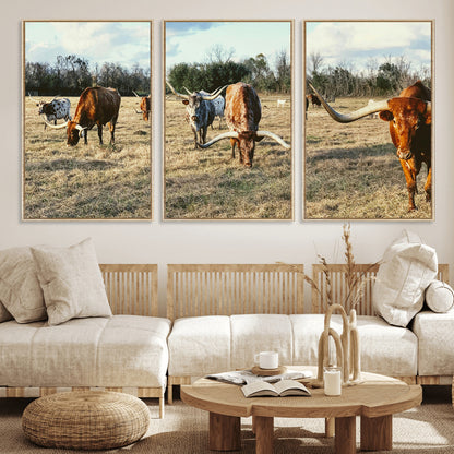 39144651-MGV-FC-60X30-3P_Natural-Texas Longhorns Wall Art Canvas Print, Framed Rustic Farm Scene Art Picture Print, Western Cattle Perfect Rustic Farmhouse Decor